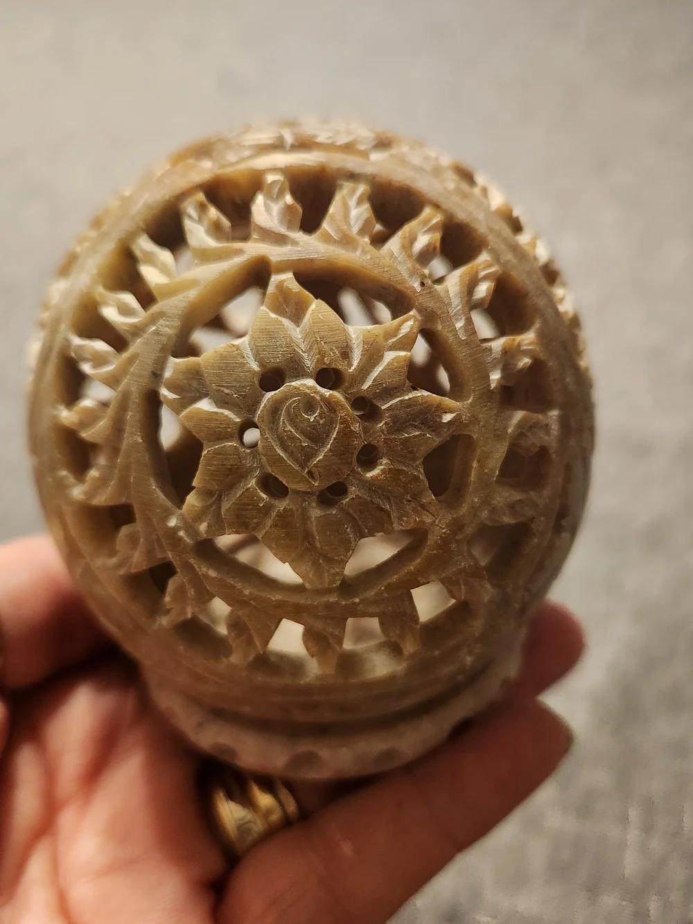 Handcrafted Carved Soapstone Tealight Holder With Floral Cutouts